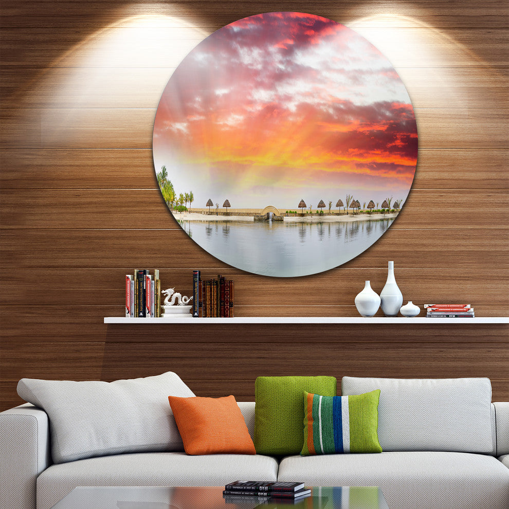Roatan Beach Sunset Panorama, Seashore Photo Disc Metal Wall Art, 11"