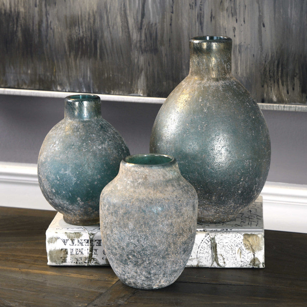 Set of 3 Rustic Blue Green Glass Bottle Vases, Aqua Group Small Bud Flower