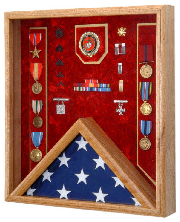 18" X 20" Solid Oak Military Flag Award and Medal Display Case, USMC Emblem