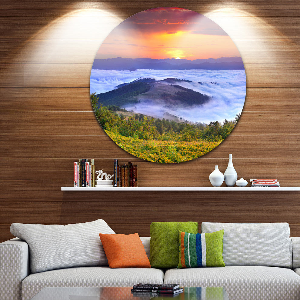 Yellow Sunrise Over Blue Waters, Landscape Round Metal Wall Art, 36"