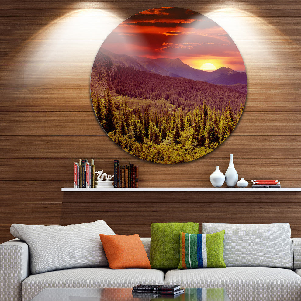 Colorful Sunrise Over Mountains, Landscape Disc Metal Wall Art, 11"
