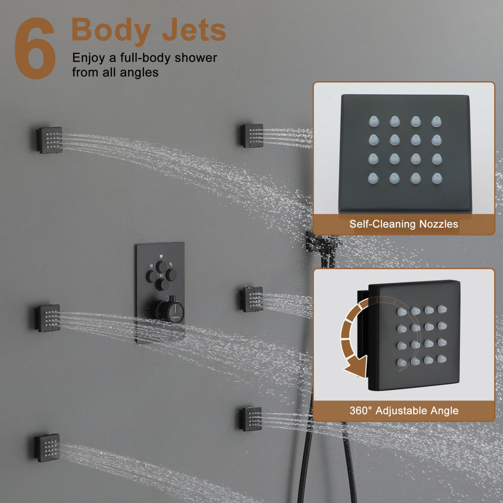 12" Dual Heads Shower System with 4 Way Thermostatic Faucet, Matte Black