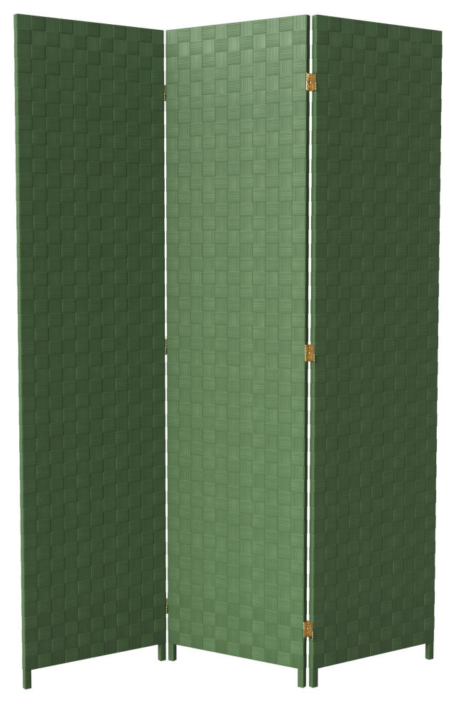 6' Tall Woven Fiber Outdoor All Weather Room Divider, 3 Panel, Green