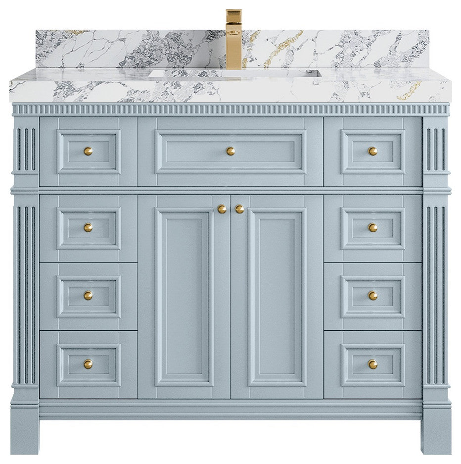 Paris 42" Single Sink Bathroom Vanity, Blue Heather 2" Calacatta Poannazo