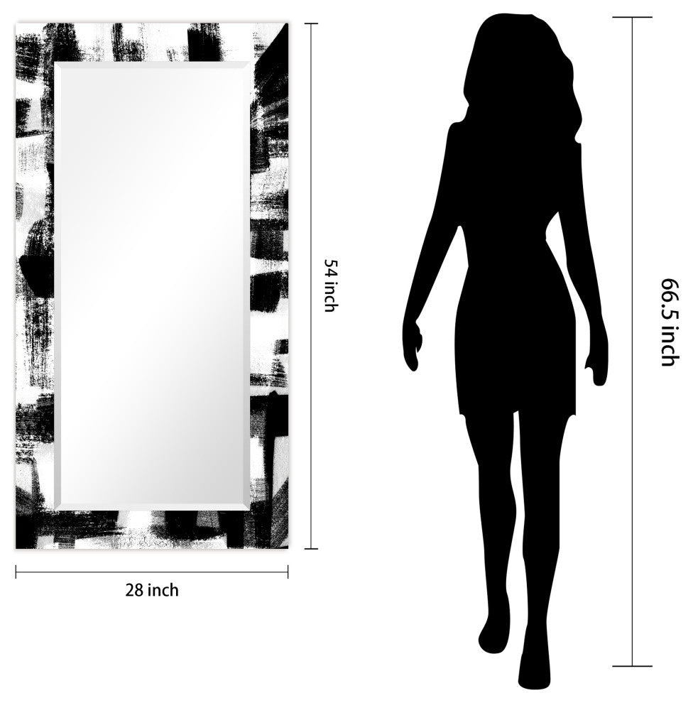 Black and WhiteBeveled Mirror on Printed Abstarct Tempered Art Glass, 54x28"