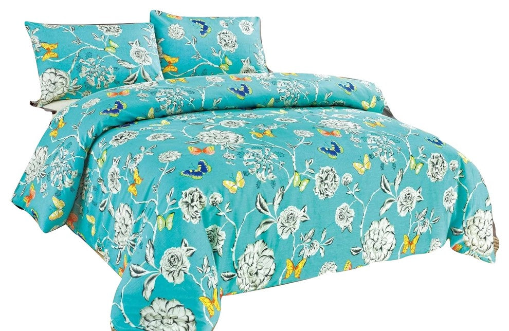 Tache Cotton Butterfly Wonderland Foral Colorful Cotton Blue Duvet Set, Queen