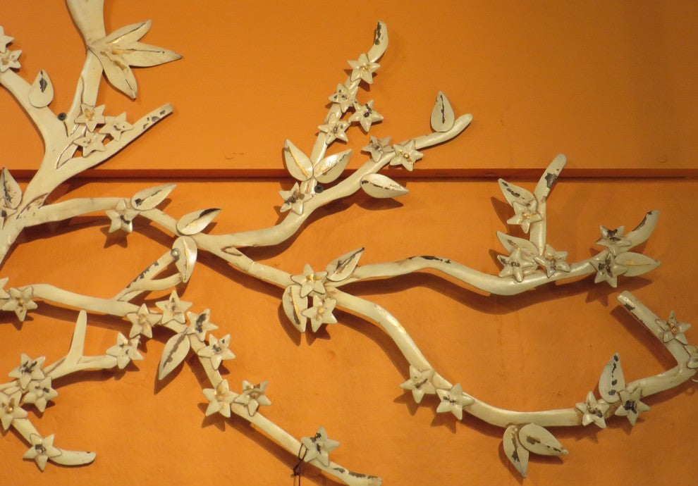 Tall Large 30"x50" Tree Branch Metal Wall Art, Cream White Cottage Distressed