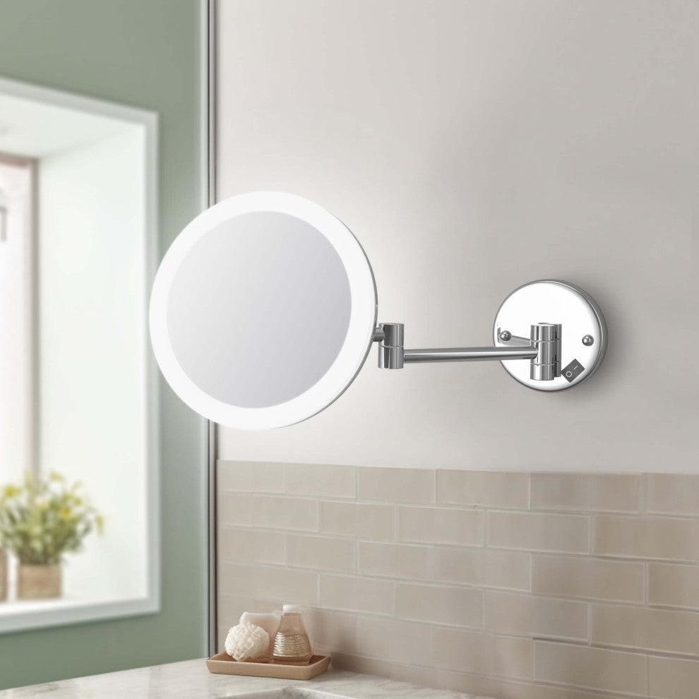 Circular LED Wall Mount One Side 5x Magnifying Make Up Mirror, Chrome