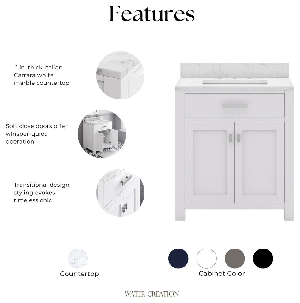 The Polaris Bathroom Vanity, Pure White, 30", Single Sink, Freestanding