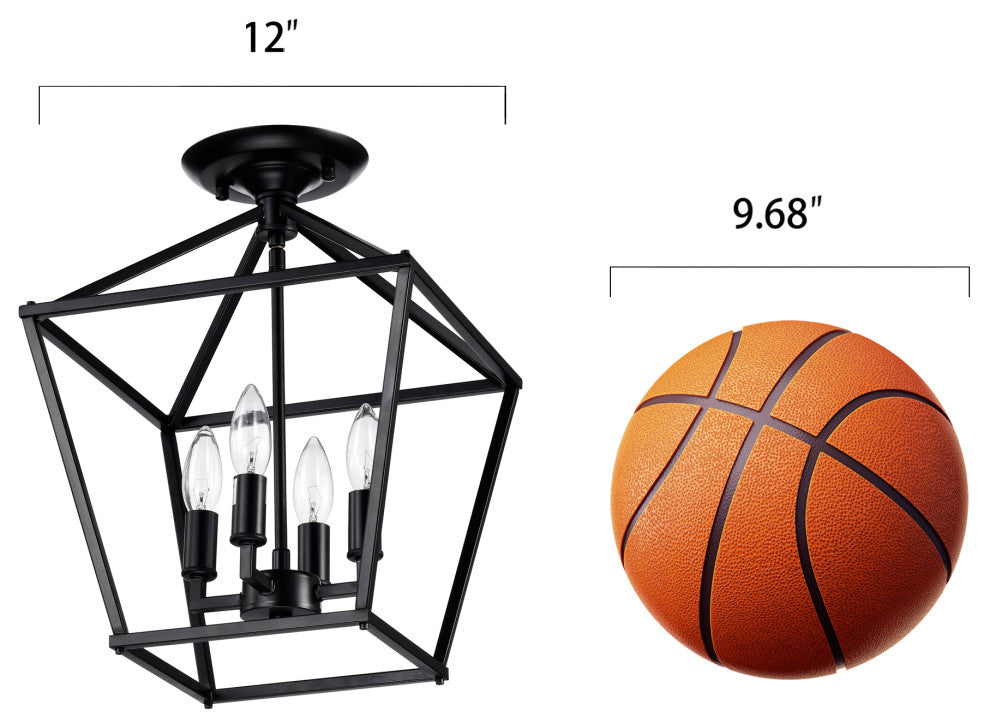 4-Light 12 in. Matte Black Cage Lantern Farmhouse Semi-flush Mount