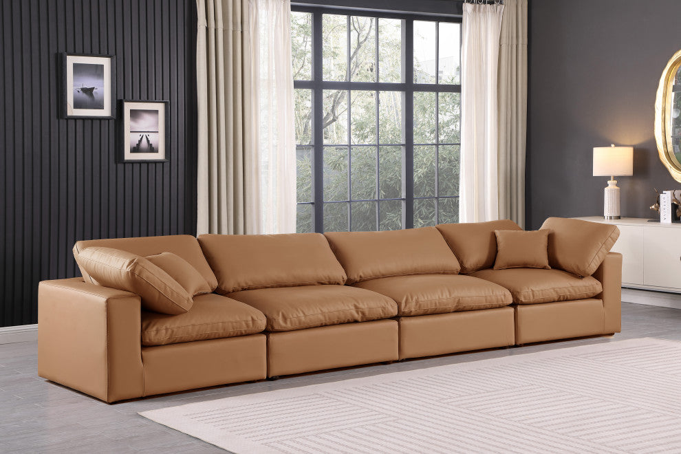 Comfy Upholstered Modular Sofa, Cognac, 4-Piece: 2 Armless Chair, 2 Corner Chair, Vegan Leather