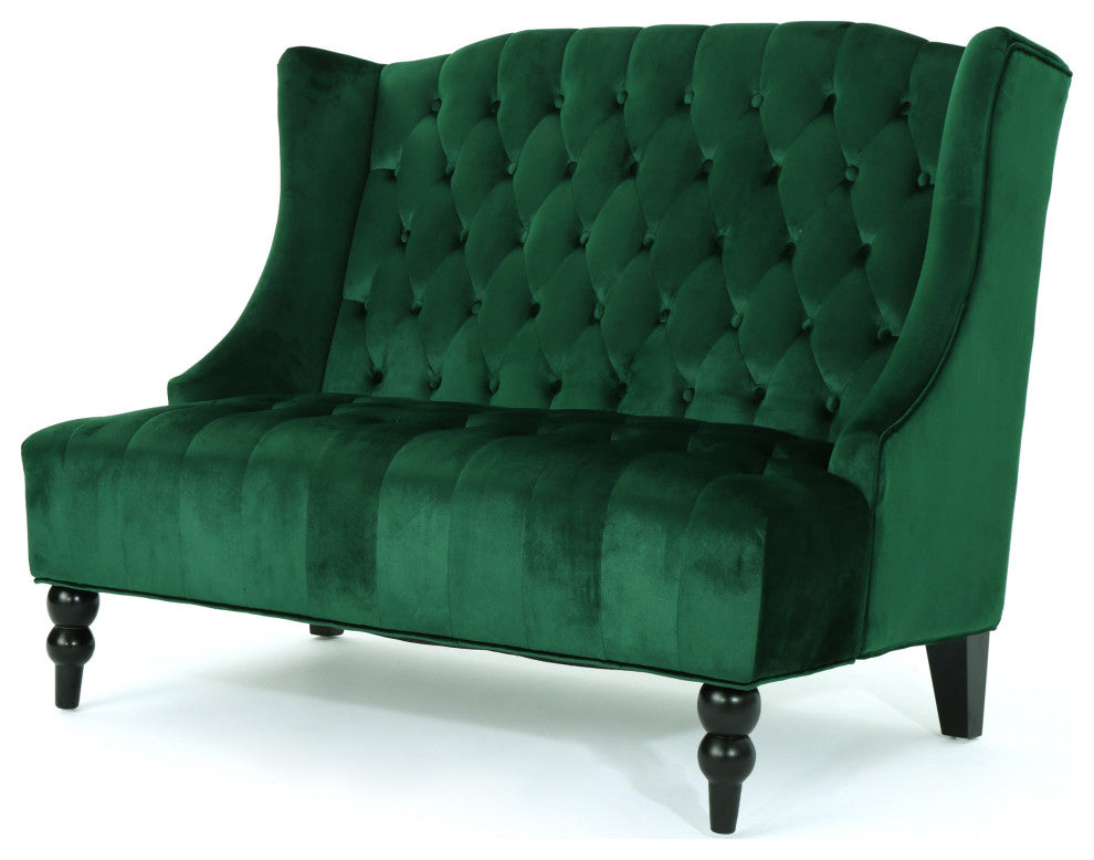 GDF Studio Leah Traditional Tufted High Winged Back New Velvet Loveseat, Emerald