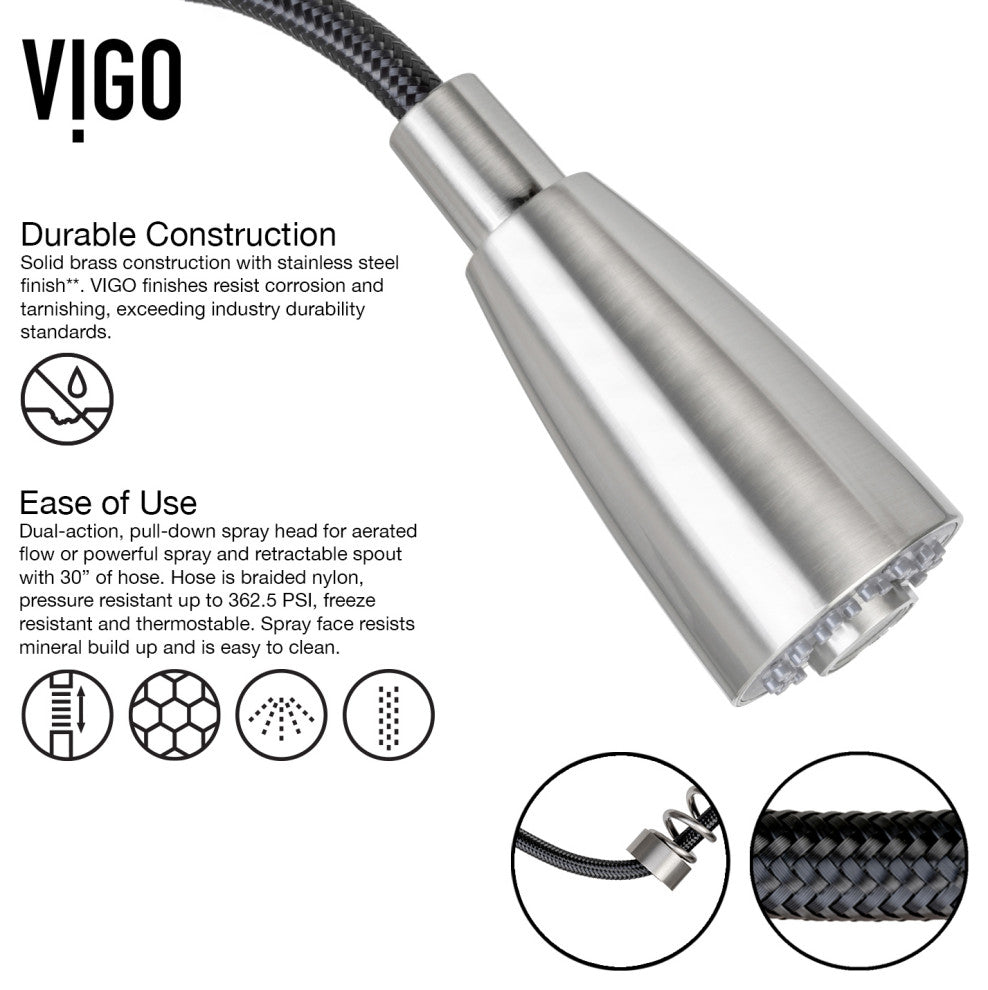 VIGO Brant 19" H Single Handle Pull-Down Sprayer Kitchen Faucet, Stainless Steel, Without Extras