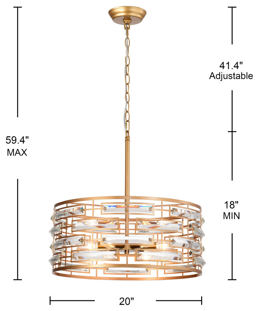 Sue Drum Shade Chandelier With Clear Glass Crystal Prism 6-light, Glossy Brass,