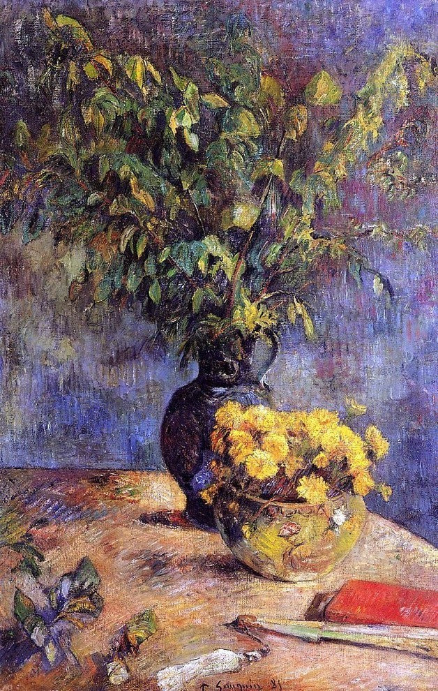 Paul Gauguin Two Vases of Flowers and a Fan Premium Canvas Print