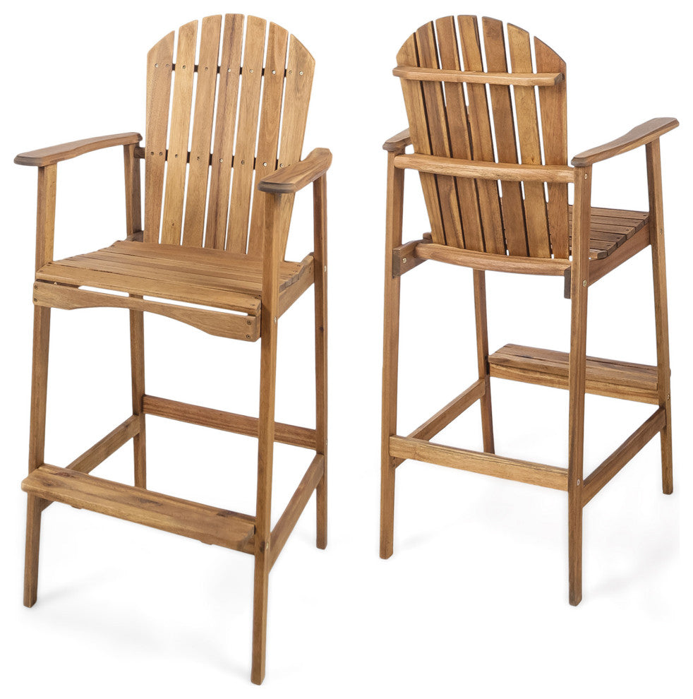GDF Studio Malibu Outdoor Finish Acacia Wood Adirondack Barstools, Natural Stain, Set of 2