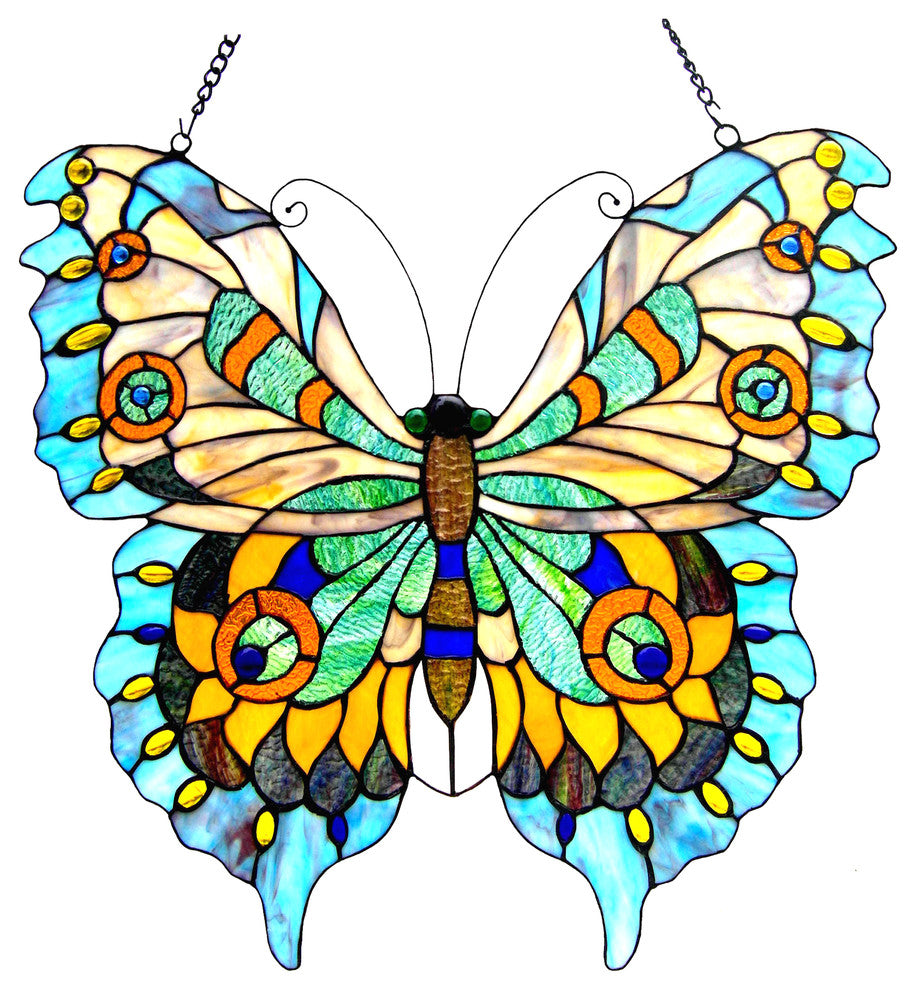 MARIPOSA, Tiffany-glass Butterfly Window Panel, 20x21