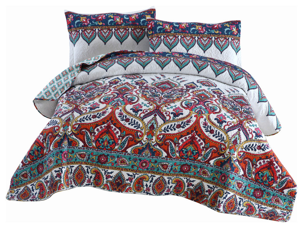Bohemian Earthy Meadow Quilted Bedspread Set,  Floral Paisley, Twin