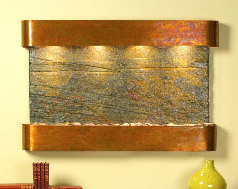 Sunrise Springs water fountain, Natural Green Slate, Rustic Copper, Round