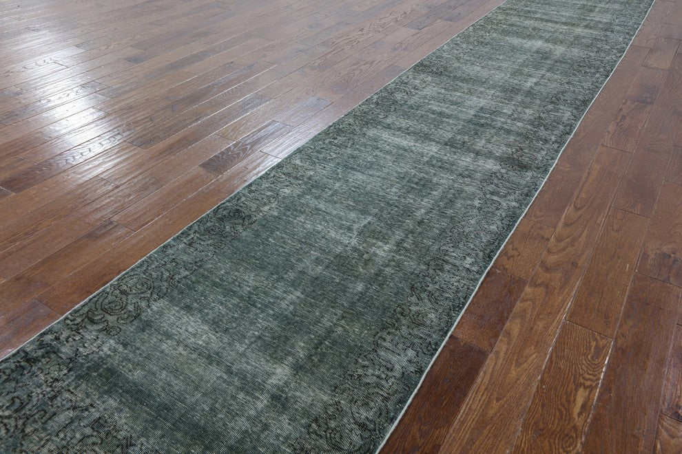 Light Green Overdyed 3'x16' Runner Floral Border Hand Knotted Wool Rug H9144