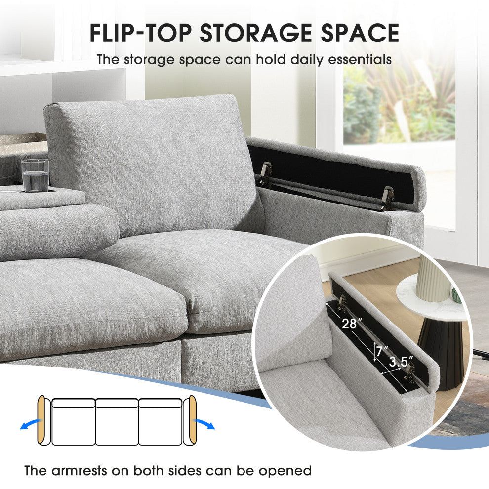 Alice Chenille Sectional Sofa, Bluetooth Speakers & USB Charger, Gray