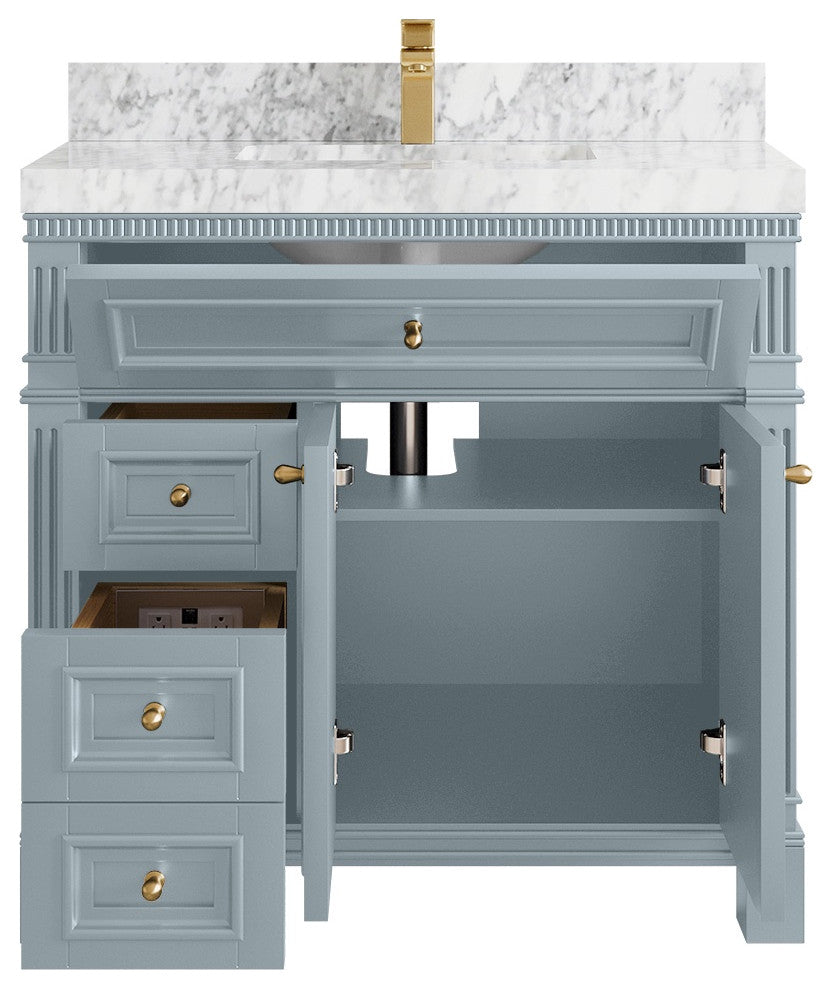 Paris 36" Center Sink Bathroom Vanity, Blue Heather 2" Carrara Marble