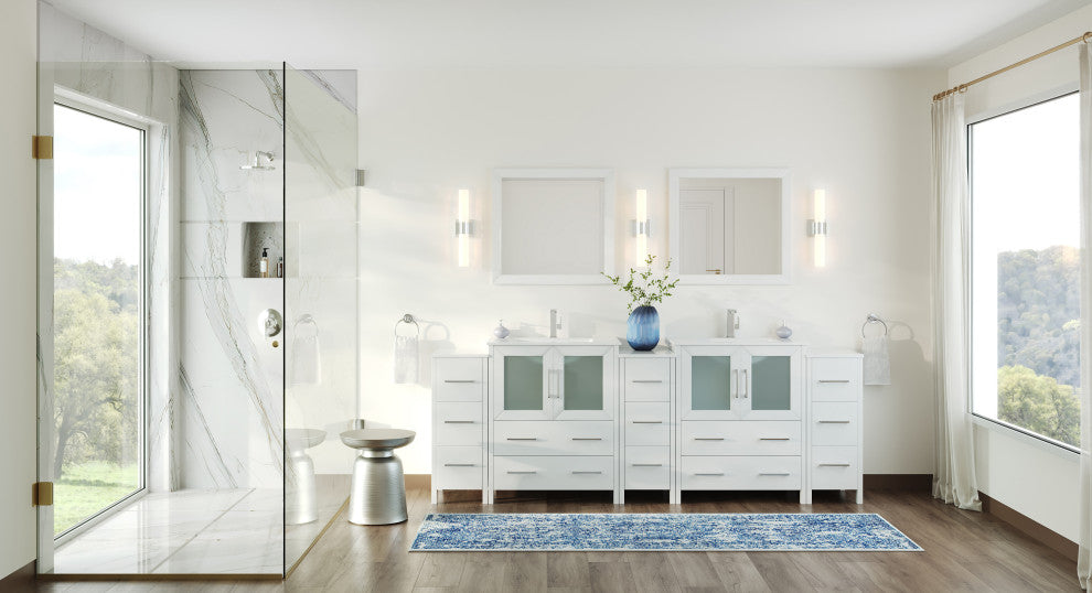 The Pullman Bathroom Vanity, White, 96", Double Sink, Freestanding
