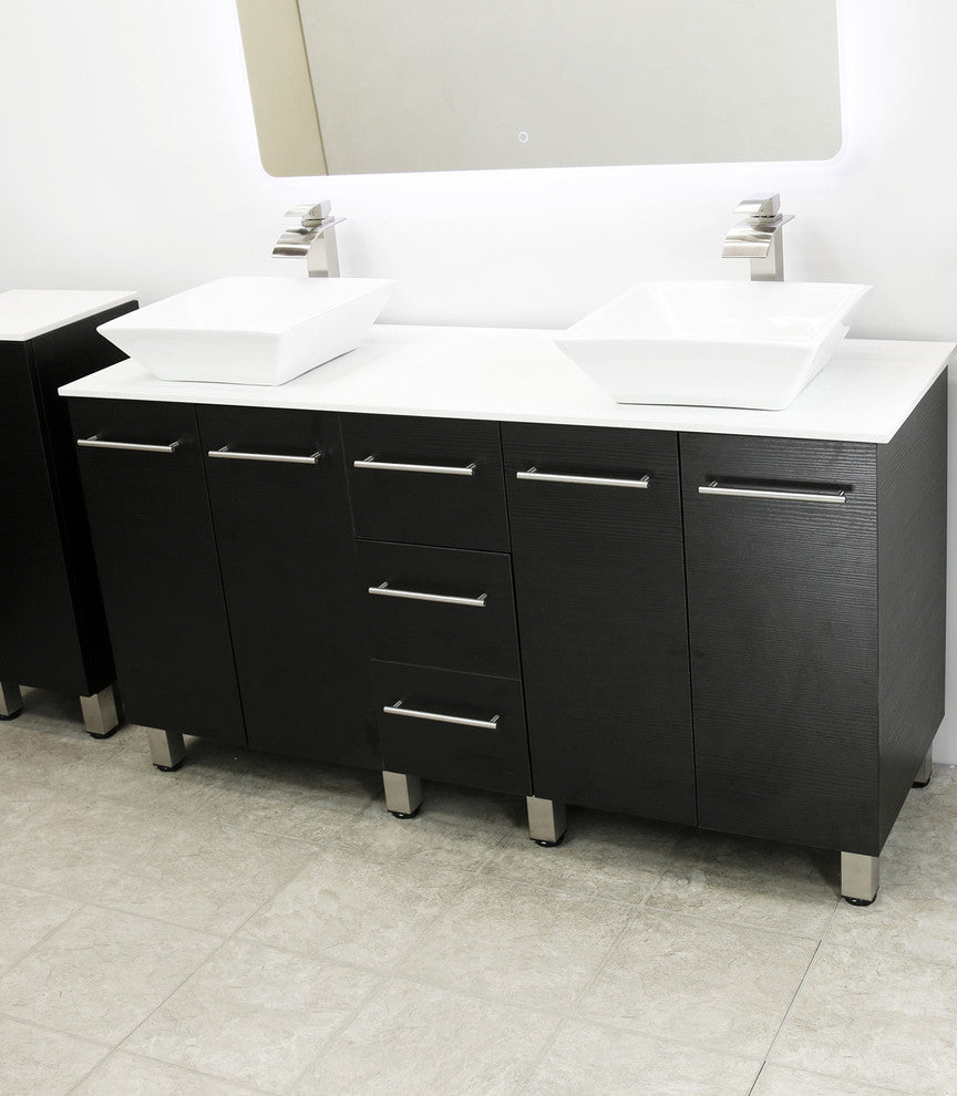 Windbay 60" Free Standing Double Vanity, Black, White Stone Flat Countertop