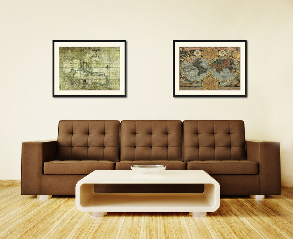 Caribbean Vintage Map Print On Canvas With Picture Frame 28" X 37"