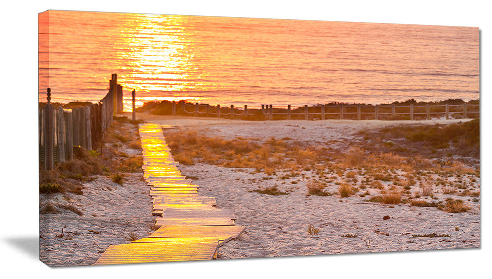 "Yellowish Boardwalk Into Seashore" Sea Bridge Canvas Art Print, 32"x16"