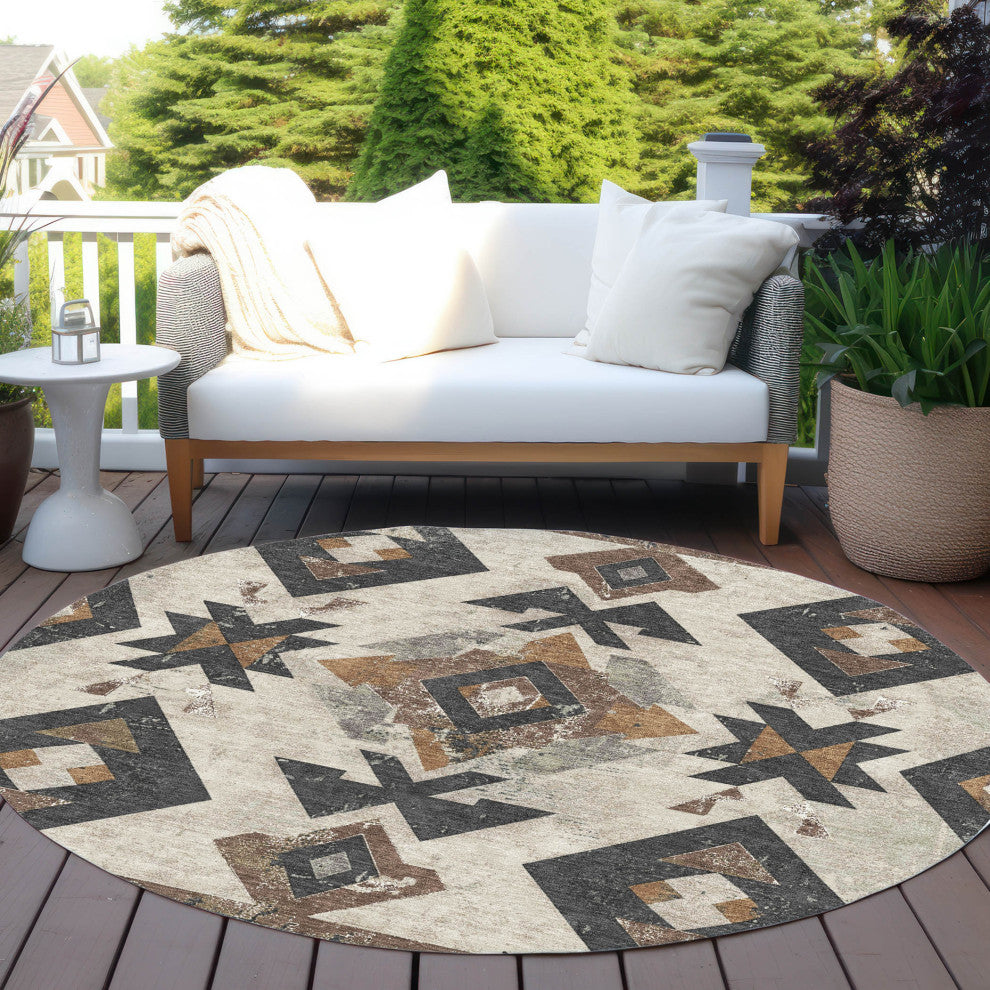 Machine Washable Indoor/Outdoor Chantille ACN1882 Beige 8' x 8' Round Rug
