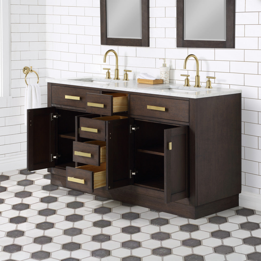 Chestnut 60" Bath Vanity, Brown Oak, Vanity Only With Satin Gold Finsih Hardware