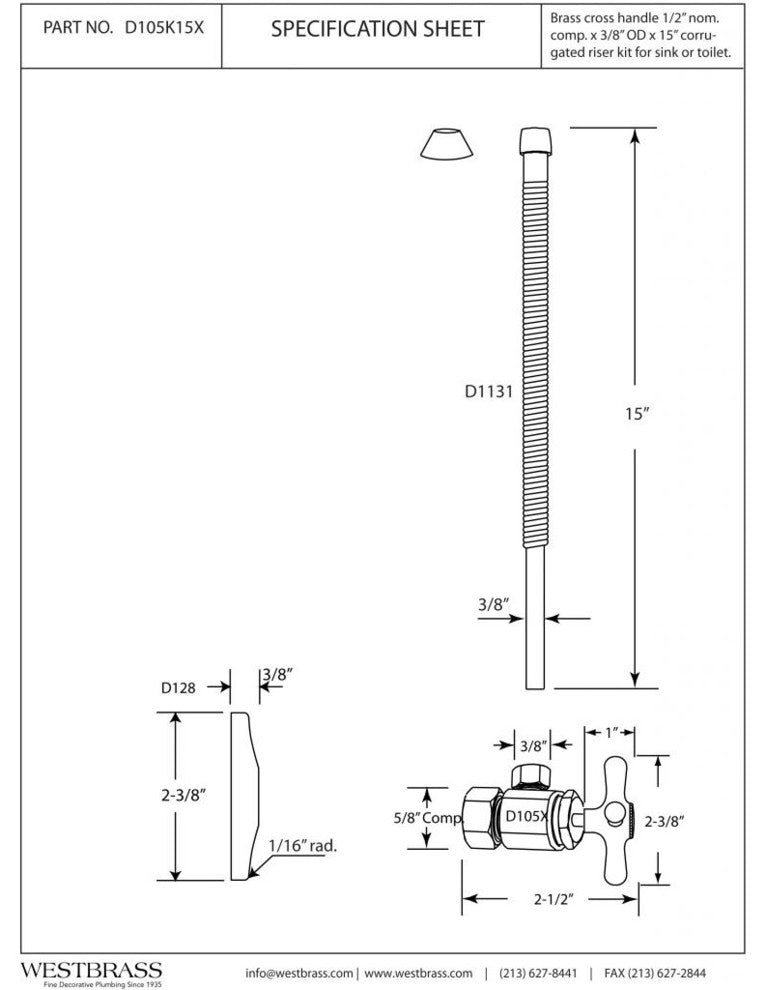 Supply Kit - 5/8" Od X 3/8" Od X 15" Corrugated In Polished Brass, Polished Chrome