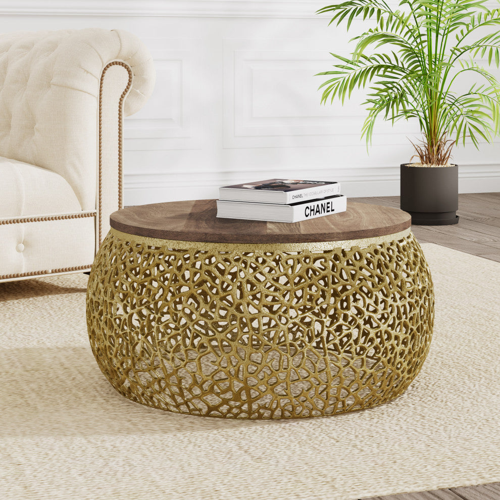 GDF Studio Aluminum Frame Coffee Table With Mango Wood Top, Gold