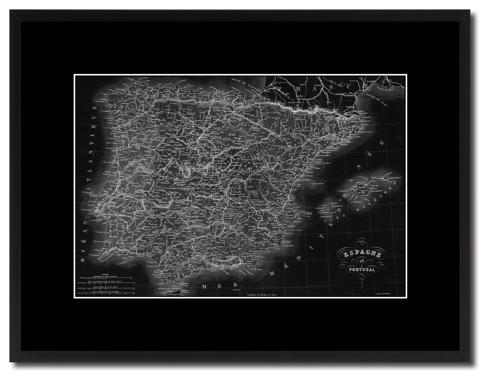 Spain Portugal Vintage Monochrome Map Canvas, 16"x21"