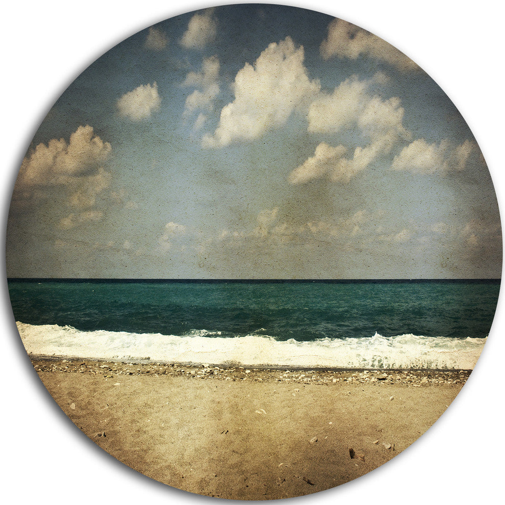 Vintage Beach With Heavy Clouds, Seashore Disc Metal Wall Art, 36"