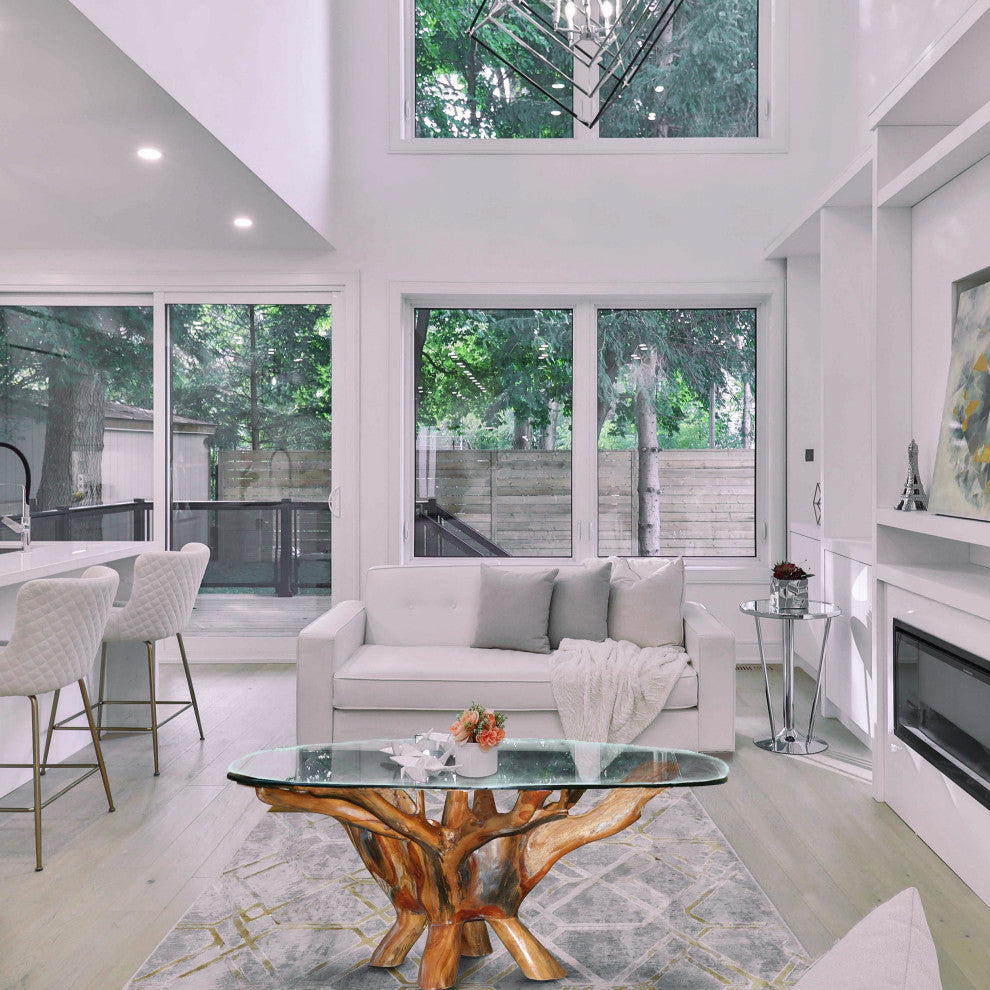 Rustic Teak Wood Root Round Coffee Table Including 43 Inch Glass Top