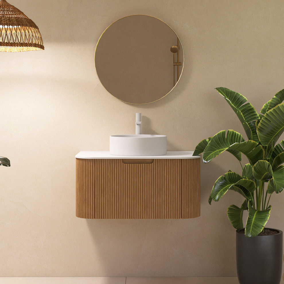 Wall-Mounted Bathroom Vanity With White Round Ceramic Basin, Natural Wood, 30"