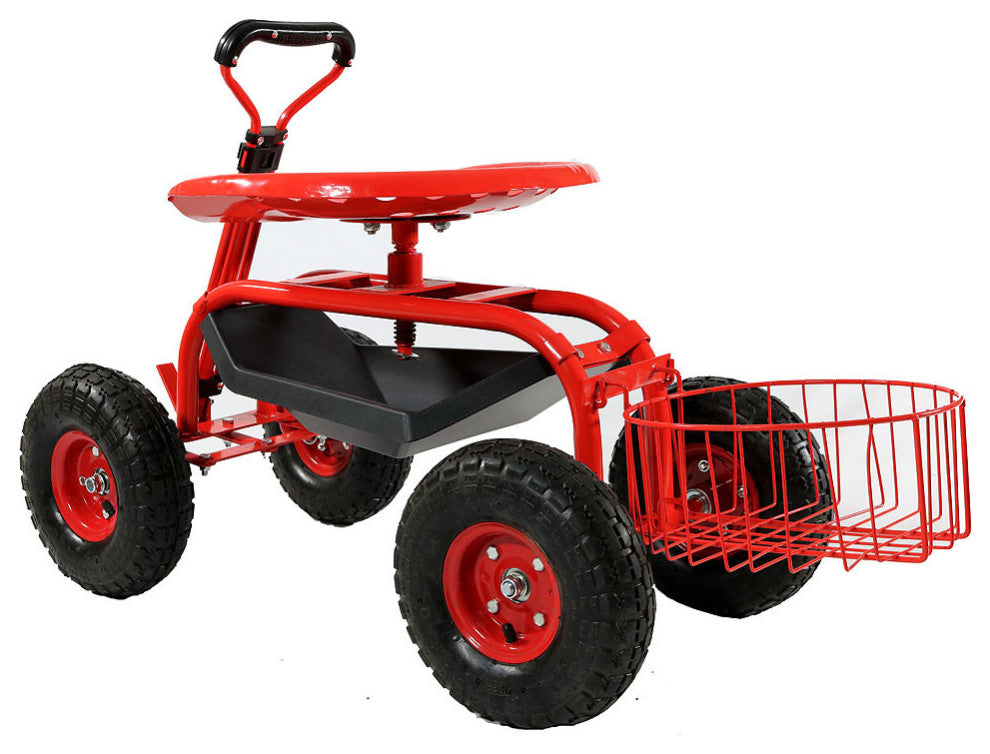Sunnydaze Rolling Garden Cart With Steering Handle, Seat and Tray, Red