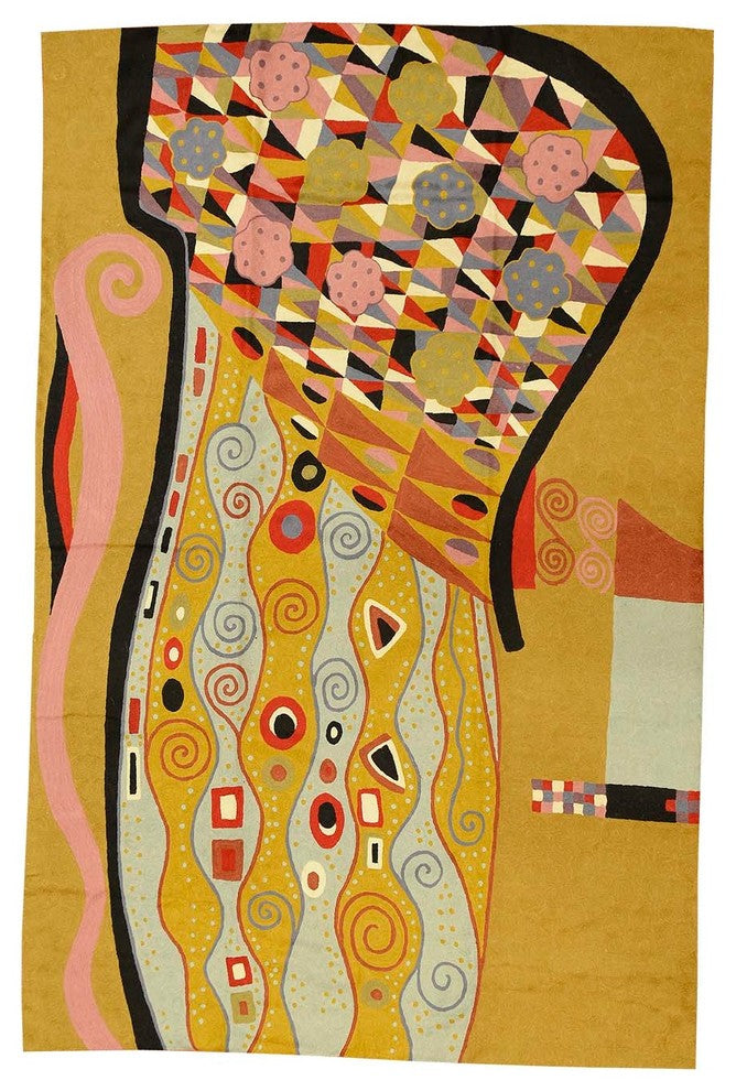 Klimt Mustard Wool Rug / Wall Tapestry Art Nouveau Hand Embroidered 6ft x 4ft