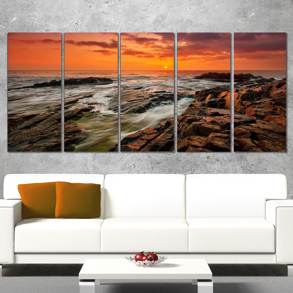 "Stormy Waves Rushing Into Rocks" Beach Canvas Wall Art, 5 Panels, 60"x28"