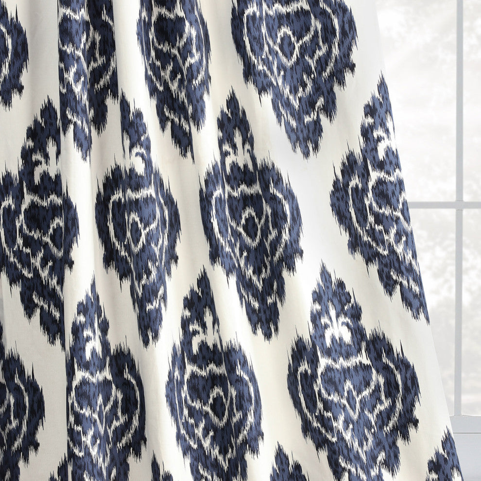 Ikat Blue Printed Cotton Curtain Single Panel, 50"x120"