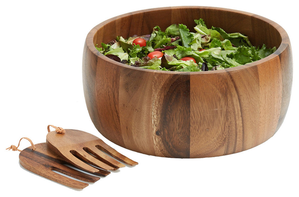 Acacia Wood Salad Bowl With Serving Hands, Medium, Medium