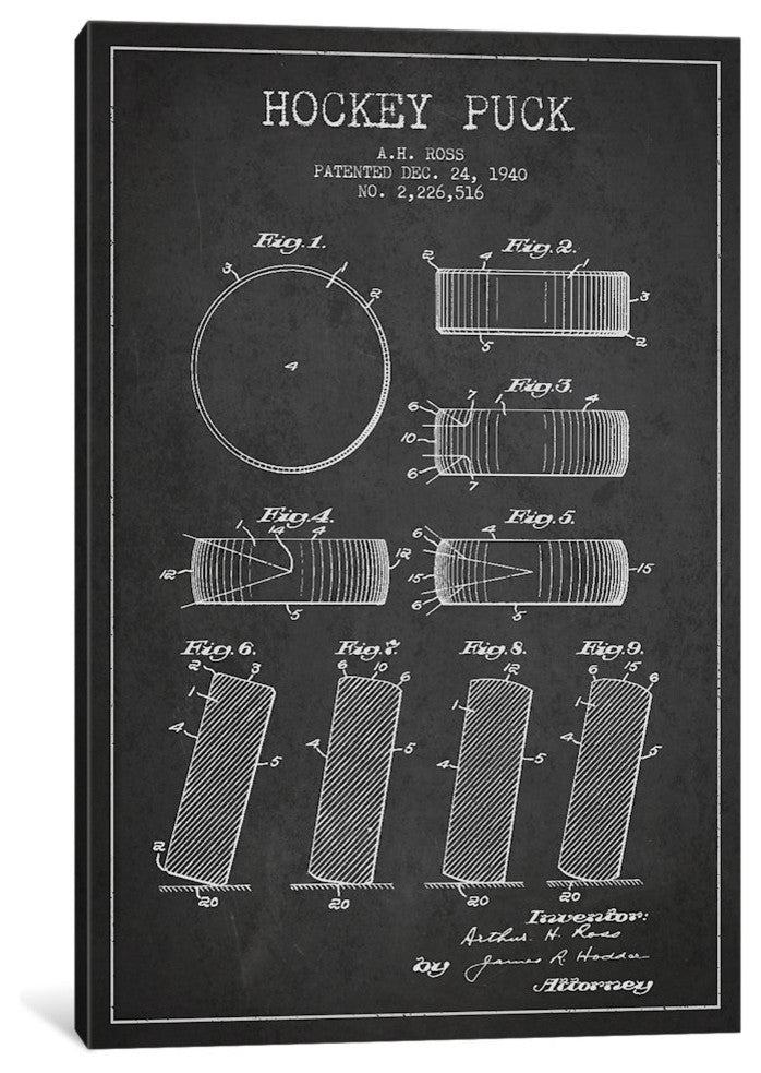 "Hockey Puck Charcoal Patent Blueprint" by Aged Pixel, Canvas Print, 18"x12"