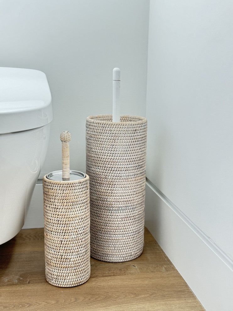 La Jolla Rattan Toilet Brush with Stand, Honey-Brown, White