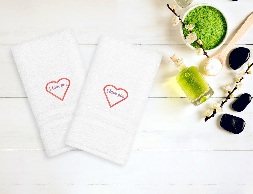 "I Love You" Embroidered White Hand Towels, Set of 2, Pink
