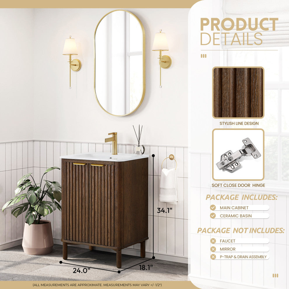 Mumbai Bath Vanity with Ceramic Basin Top without Mirror, Dark Brown Oak, 24", Single Vanity