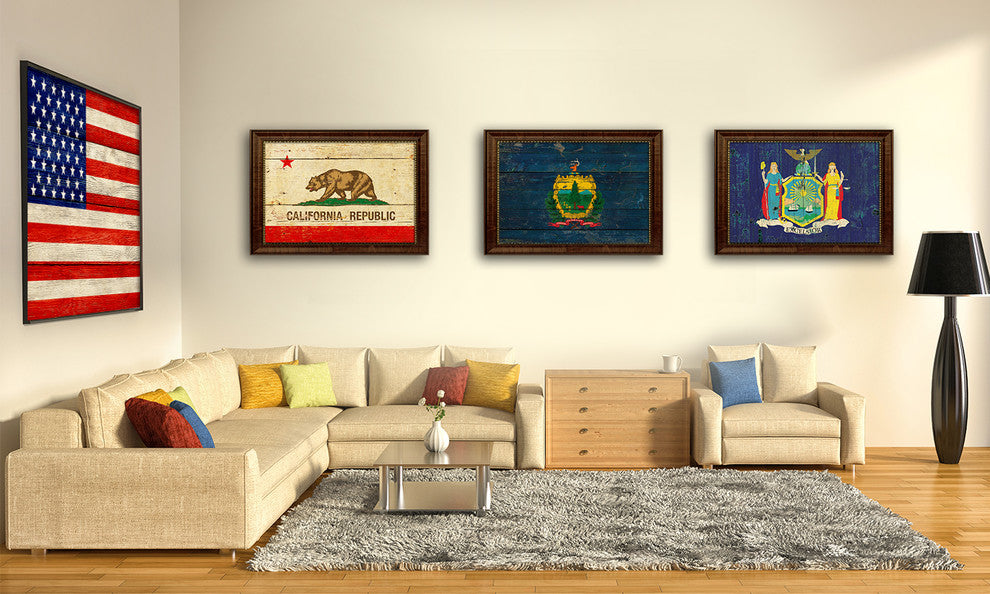 Texas State Vintage Flag Print With Brown Gold Frame, 19"X27"