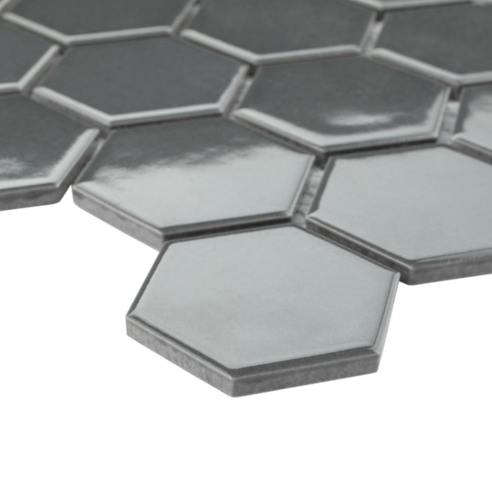 Metro 2" Hex Glossy Grey Porcelain Floor and Wall Tile