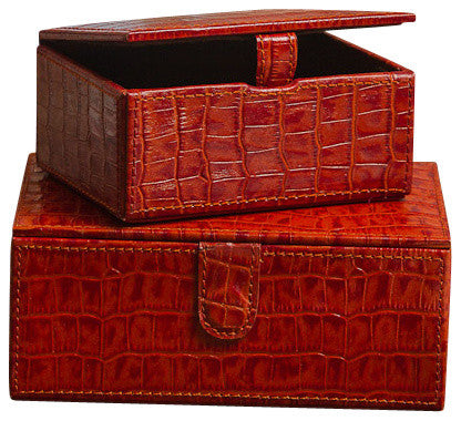 Burnt Croc Leather Boxes, Orange, Set of 2